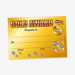 Gold Award certificate with a gold gradient background. The title 'GOLD AWARD' is in large gold block letters with red keyline. Below are blank lines for 'Presented to', 'For', 'Signed', and 'Date'. Decorative elements include a medal with 'GOLD AWARD', a ribbon, and pale blue stars scattered across the bottom and right side