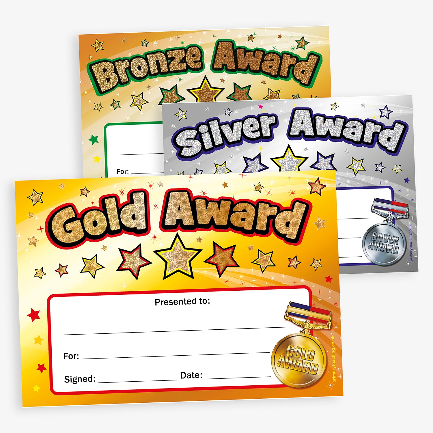 Three award certificates labeled 'Bronze Award', 'Silver Award', and 'Gold Award' with star designs on a white background.