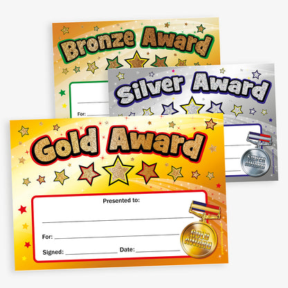 Three award certificates labeled 'Bronze Award', 'Silver Award', and 'Gold Award' with star designs on a white background.