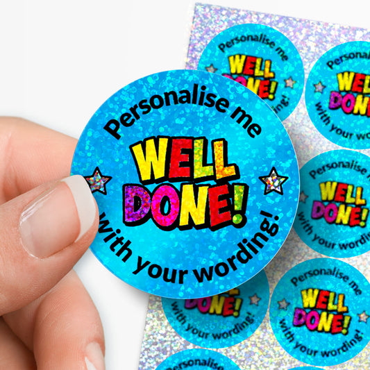 35 Personalised Holographic Well Done Stickers - 37mm