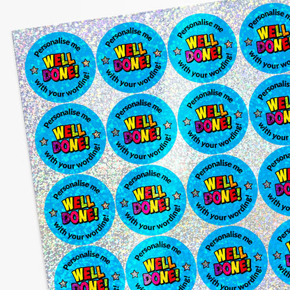 Sheet of blue stickers with 'Well Done!' text on a glittery background