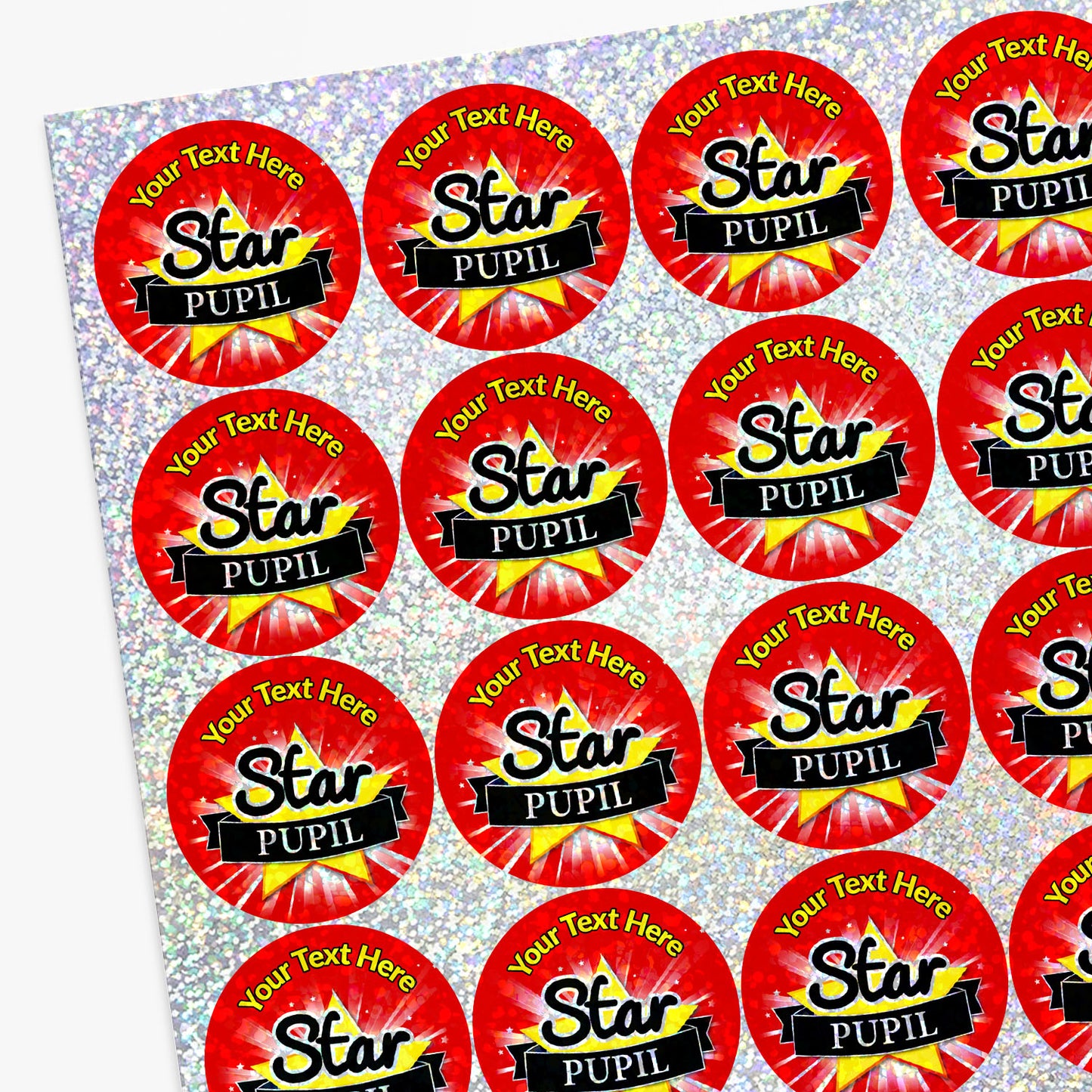 Sheet of 'Star Pupil' stickers with customizable text on a textured background