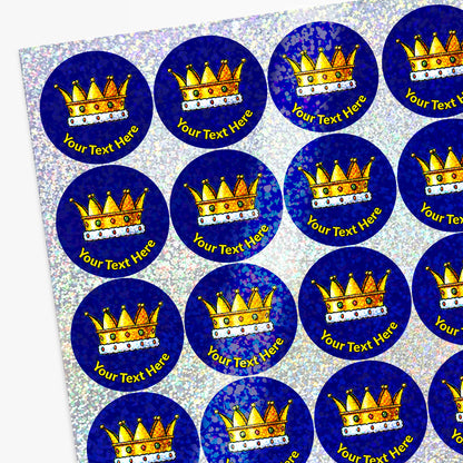 Sheet of round stickers with gold crowns and customisable text on a blue background.
