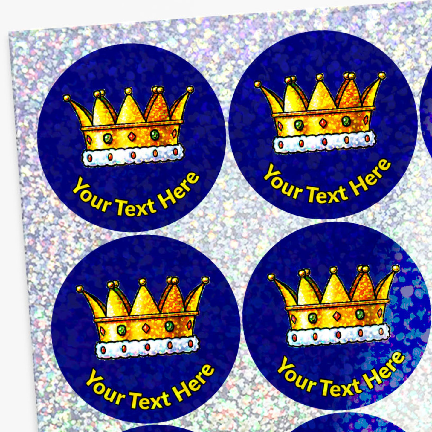 Four round stickers with gold crowns and customizable text on a blue background.