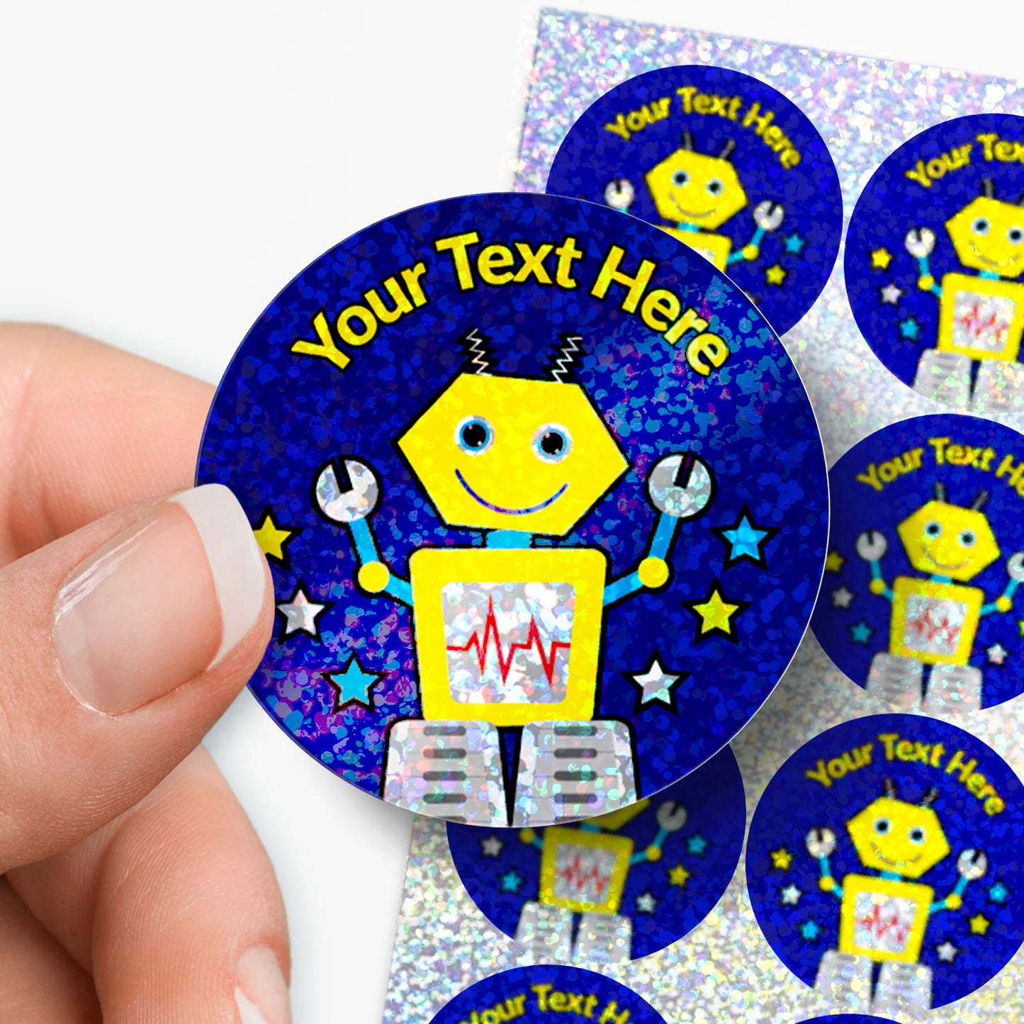 35 Personalised Holographic Robot Stickers - 37mm
