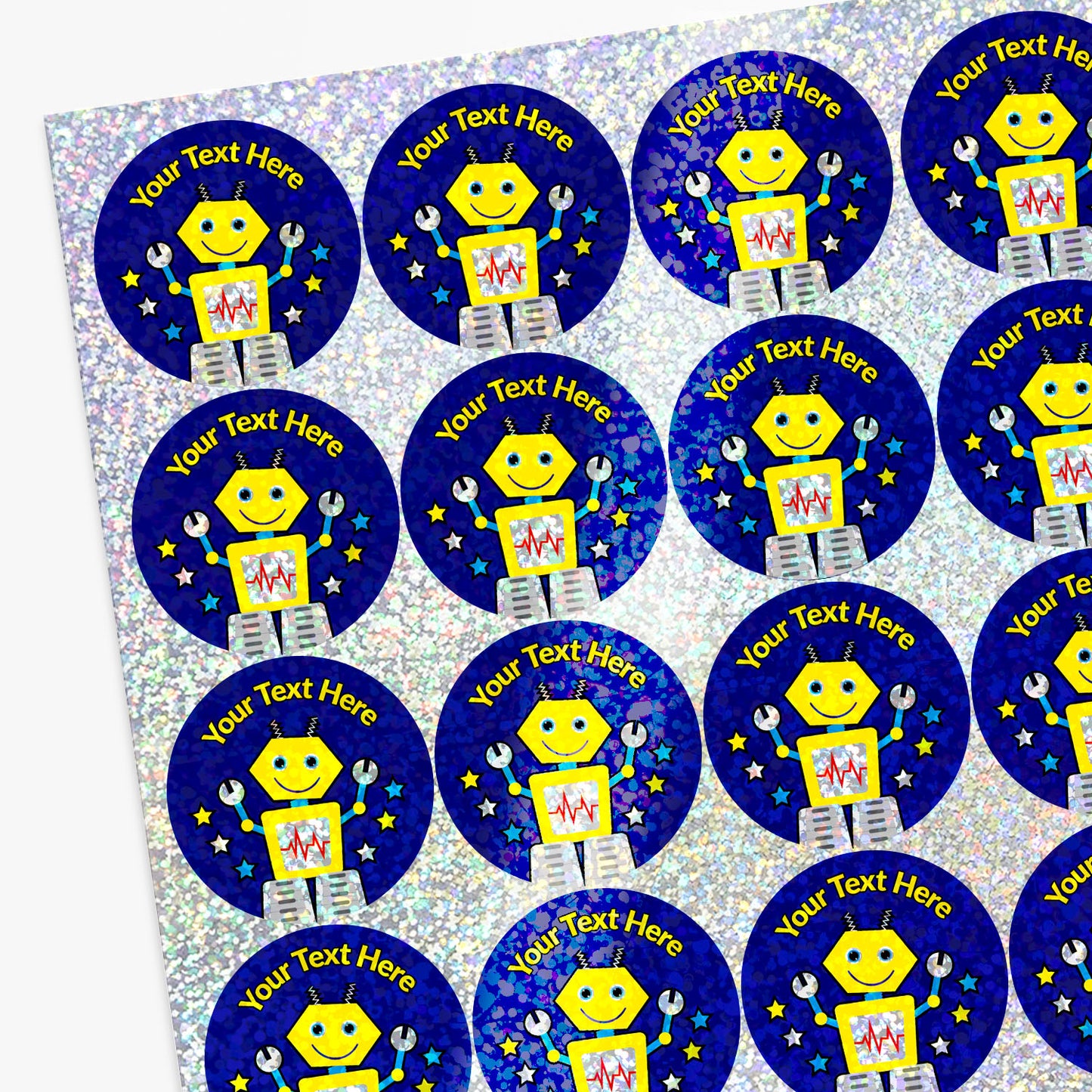 35 Personalised Holographic Robot Stickers - 37mm