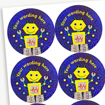 Circular reward stickers with a holographic blue background. Each features a smiling yellow robot with a heart-shaped chest panel showing a red waveform, holding tools in both hands. Stars surround the robot, and placeholder text 'Your wording here' is curved along the top for personalisation.