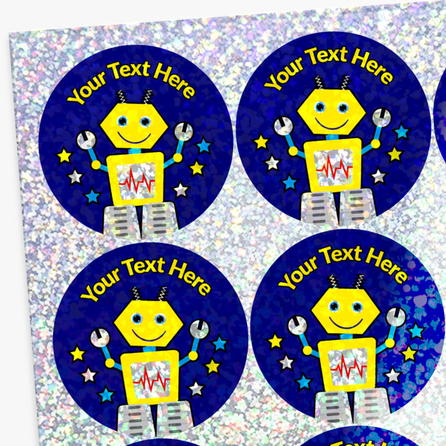 Stickers with a robot design and customizable text on a reflective background