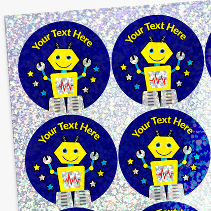 Stickers with a robot design and customizable text on a reflective background
