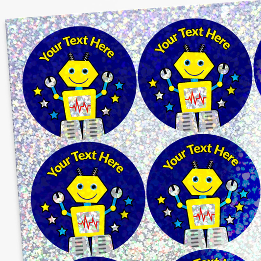 Stickers with a robot design and customizable text on a reflective background