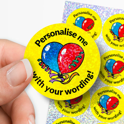 Yellow sticker with text 'Personalise me with your wording!' held by a hand, surrounded by more stickers.