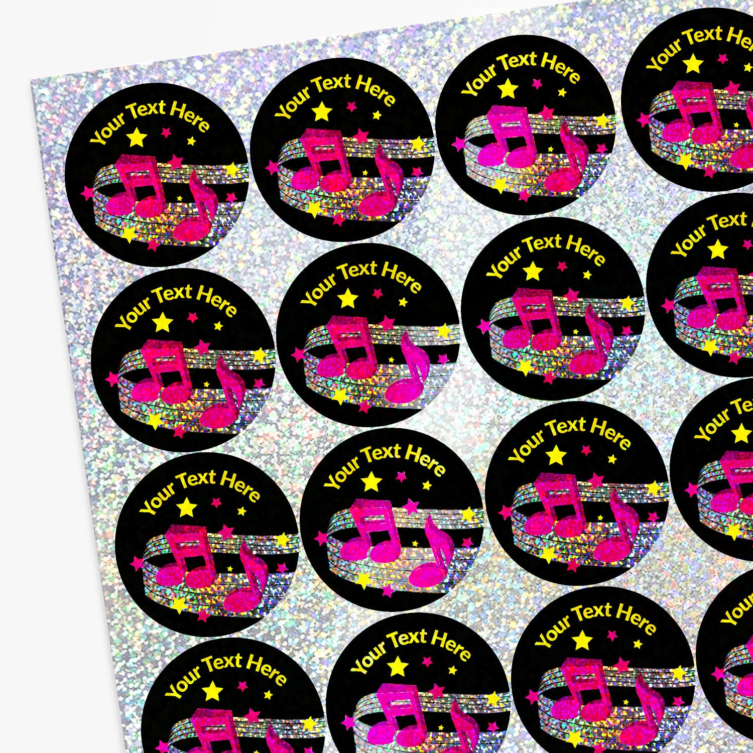 Sheet of round stickers with musical designs and 'Your Text Here' text on a glittery background.