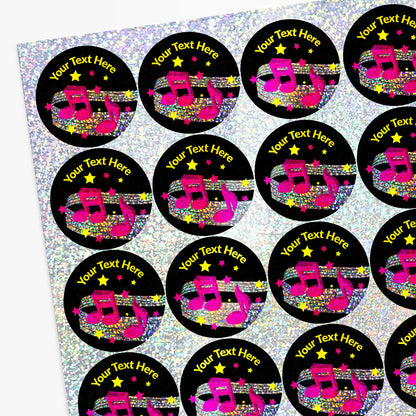 Sheet of round stickers with musical designs and 'Your Text Here' text on a glittery background.