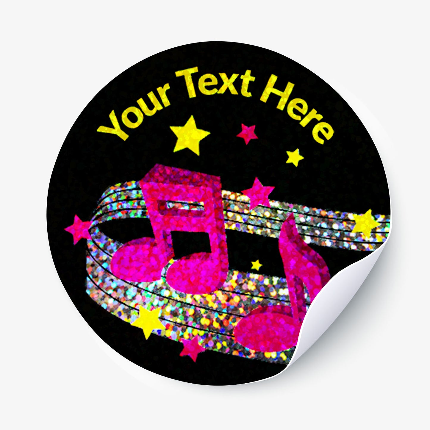 Round sticker with colorful music notes and stars on a black background, customizable text.