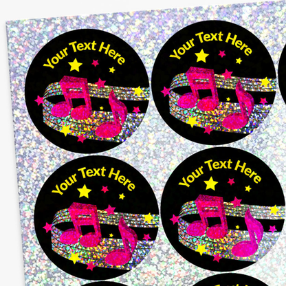 Four round stickers with musical notes and customizable text on a glittery background.