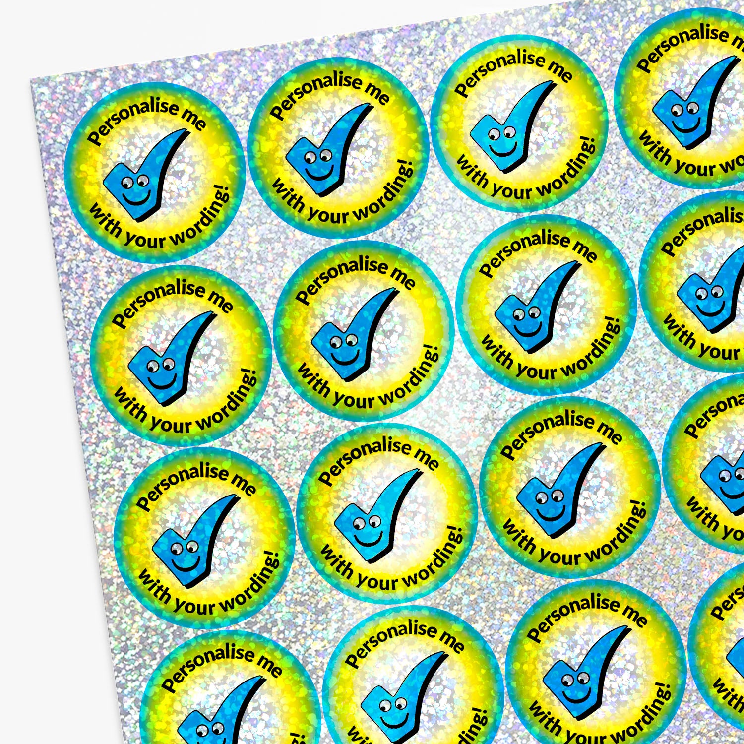 Sheet of personalised stickers with blue checkmark design and text.