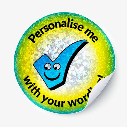 Glittery sticker with a checkmark and text 'Personalise me with your wording!'.
