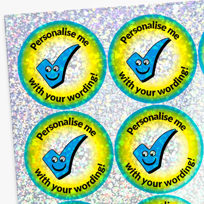 Four round stickers with a blue check mark and text on a glittery background
