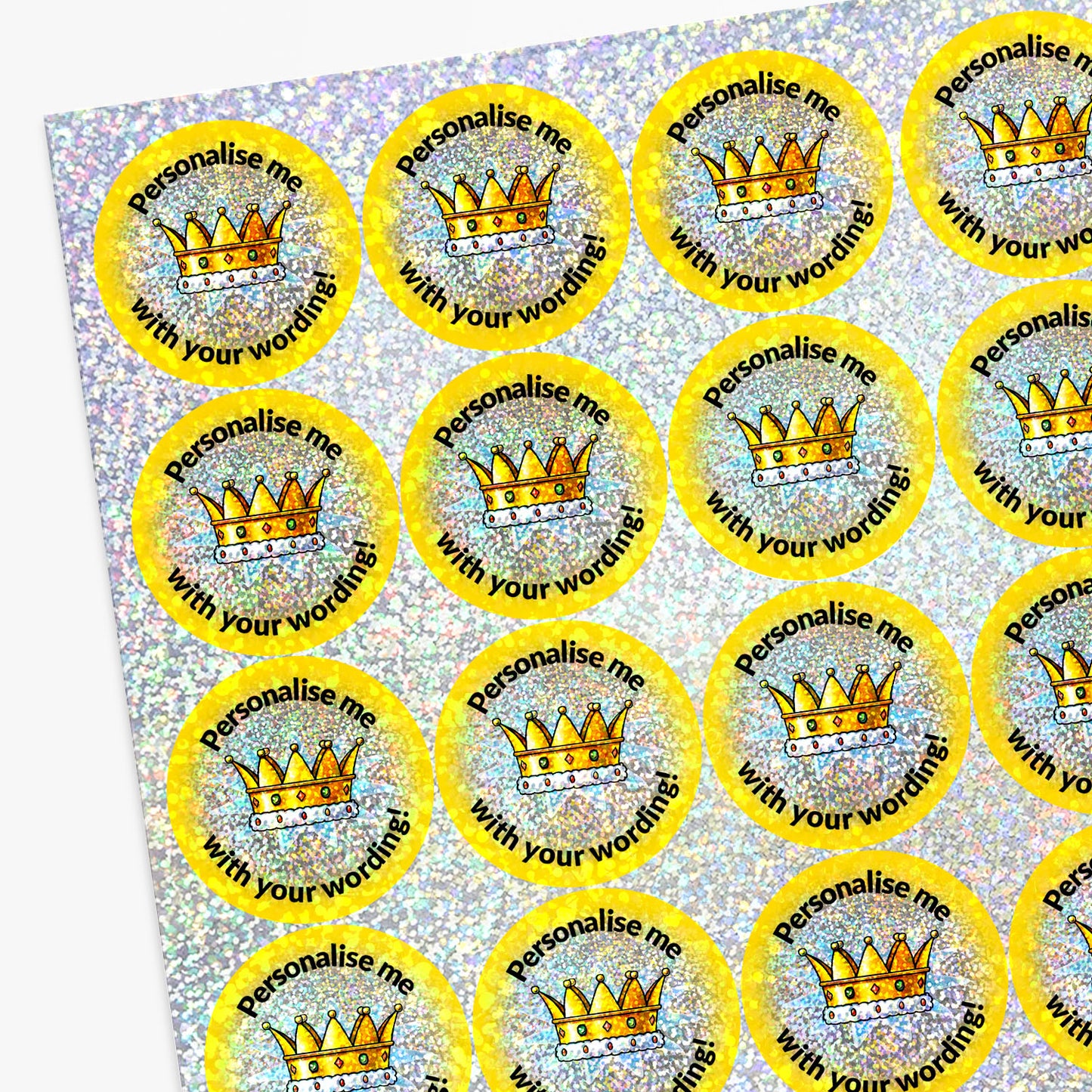 Sheet of gold crowns with 'Personalise me with your wording!' text on a glittery background