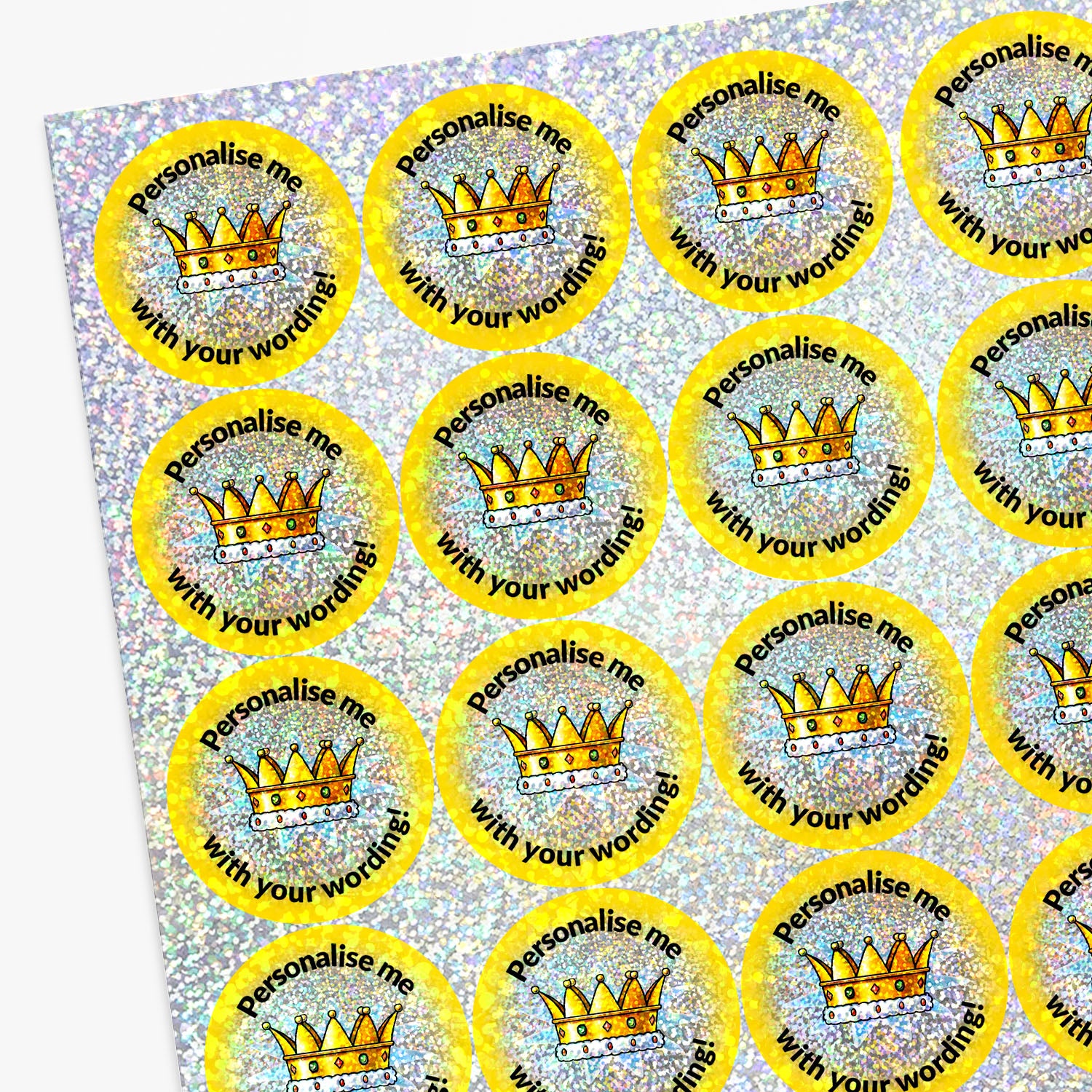 Sheet of gold crowns with 'Personalise me with your wording!' text on a glittery background