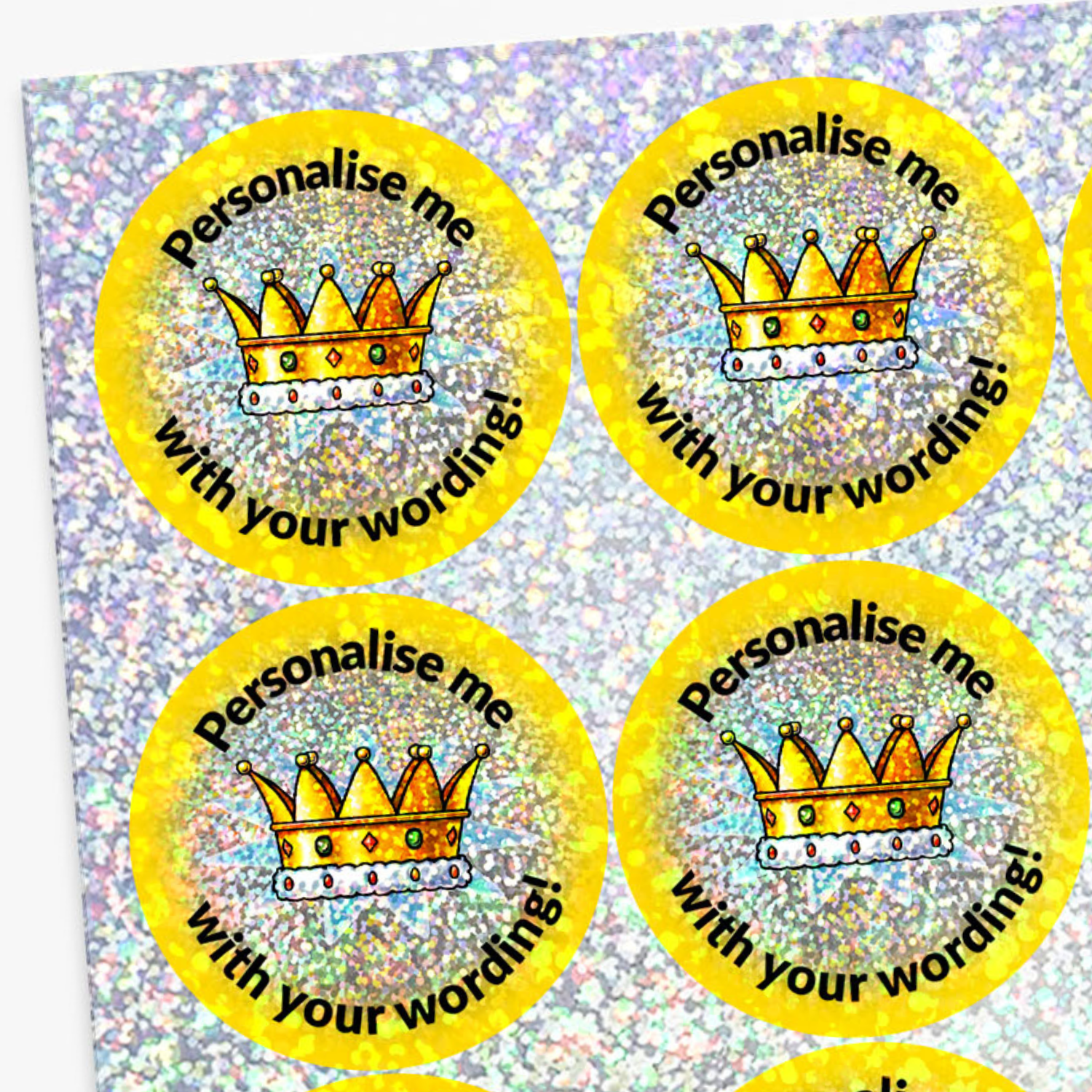 Yellow stickers with crowns and text on a glittery background