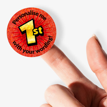 Red sticker with 'Personalise me 1st with your wording!' text held by a finger on a white background