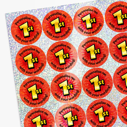 Red and yellow '1st' stickers with text 'Personalise me with your wording!' on a white background.