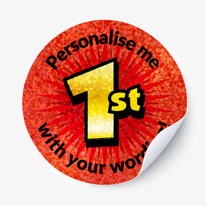 Round red sticker with gold number '1' and text 'Personalise me 1st with your words' on a white background