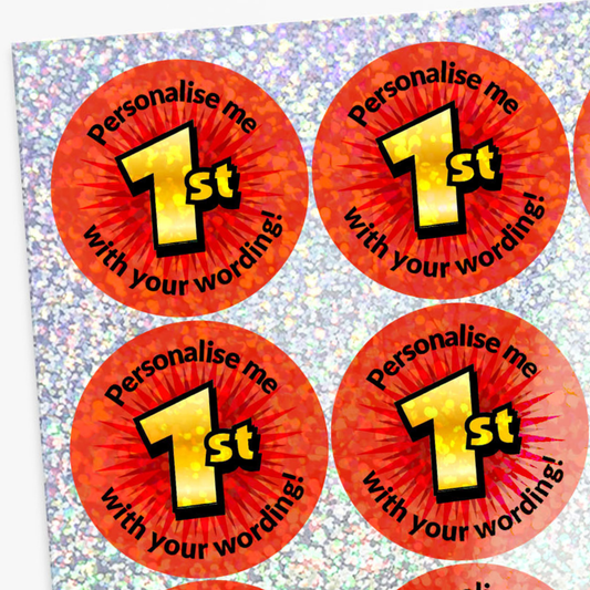 Red stickers with gold text 'Personalise me 1st' on a glittery background