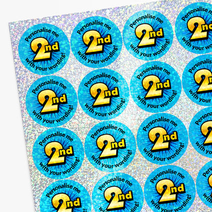 Sheet of blue and yellow '2nd' stickers with text 'Personalise me with your wording!' on a white background.
