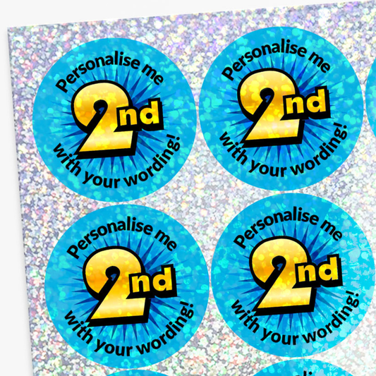Four blue stickers with gold text 'Personalise me 2nd' on a glittery background