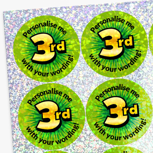 Four green stickers with yellow text and a number '3' on a glittery background