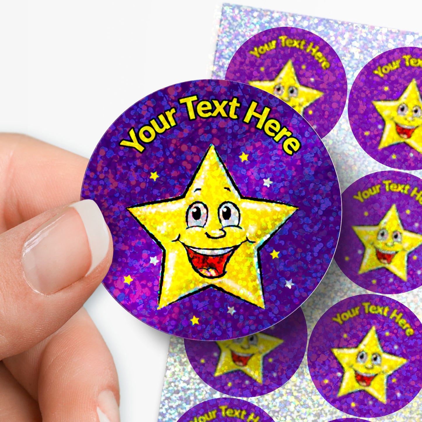 35 Personalised Holographic Smiley Star Stickers - 37mm