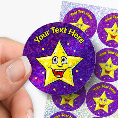 35 Personalised Holographic Smiley Star Stickers - 37mm
