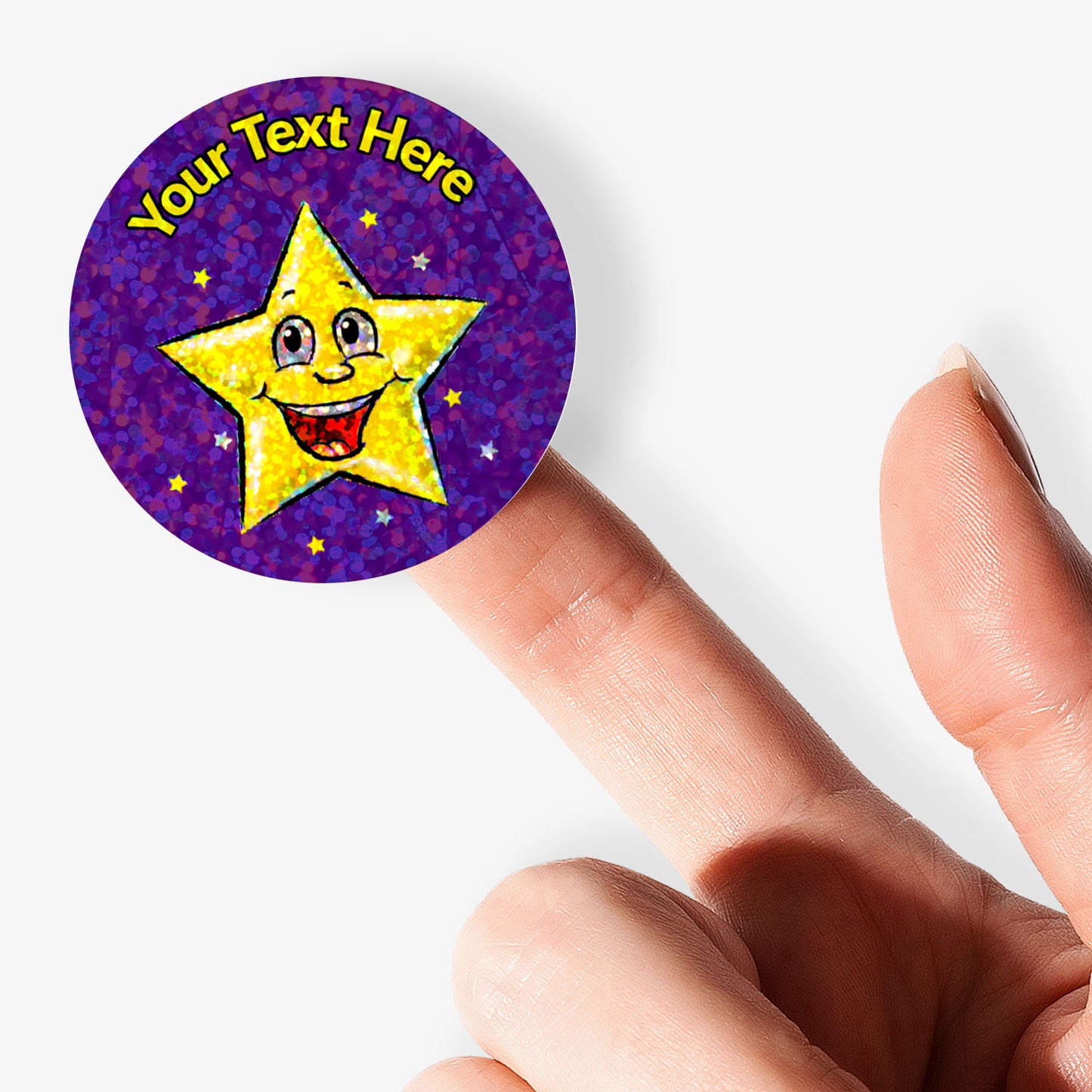 35 Personalised Holographic Smiley Star Stickers - 37mm