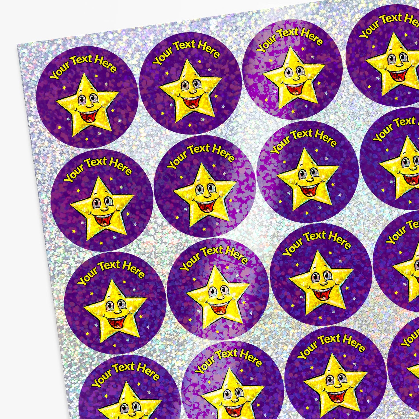 35 Personalised Holographic Smiley Star Stickers - 37mm