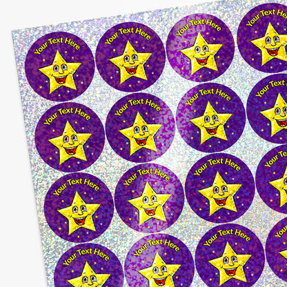 35 Personalised Holographic Smiley Star Stickers - 37mm