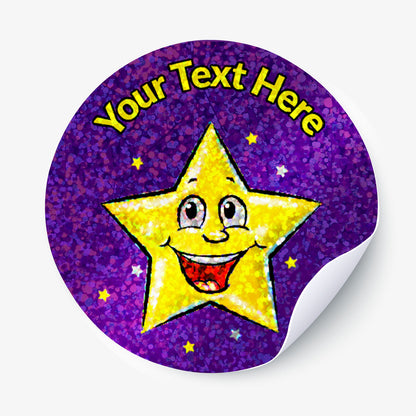 35 Personalised Holographic Smiley Star Stickers - 37mm
