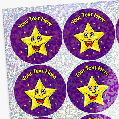 Four purple stickers with yellow stars and 'Your Text Here' text on a textured background.