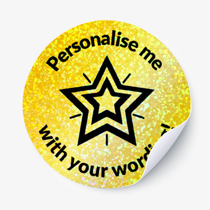 Yellow stickers with star design and text 'Personalise me with your wording!'.