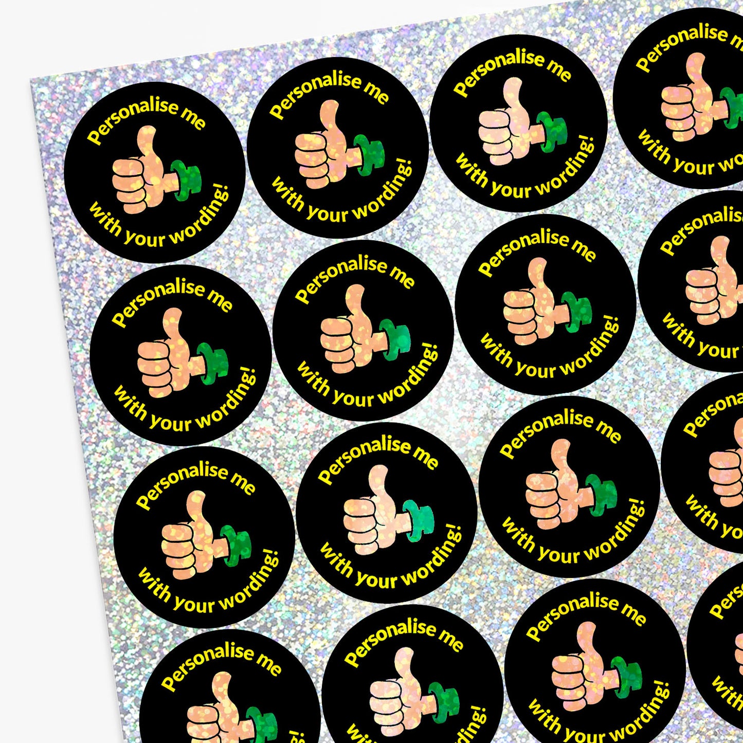 35 Personalised Holographic Thumbs Up Stickers - 37mm