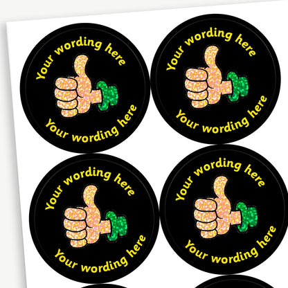 Sheet of round personalised stickers featuring a holographic thumbs up against a black background; includes customisable yellow text above and below the image.