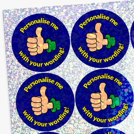 4 Stickers with thumbs up icons and text on a blue background