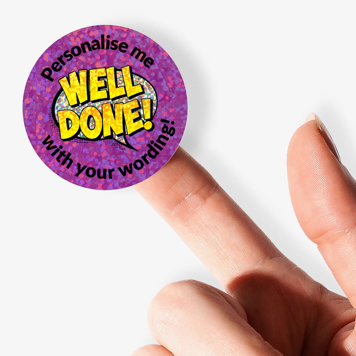 35 Personalised Holographic Well Done Speech Bubble Stickers - 37mm