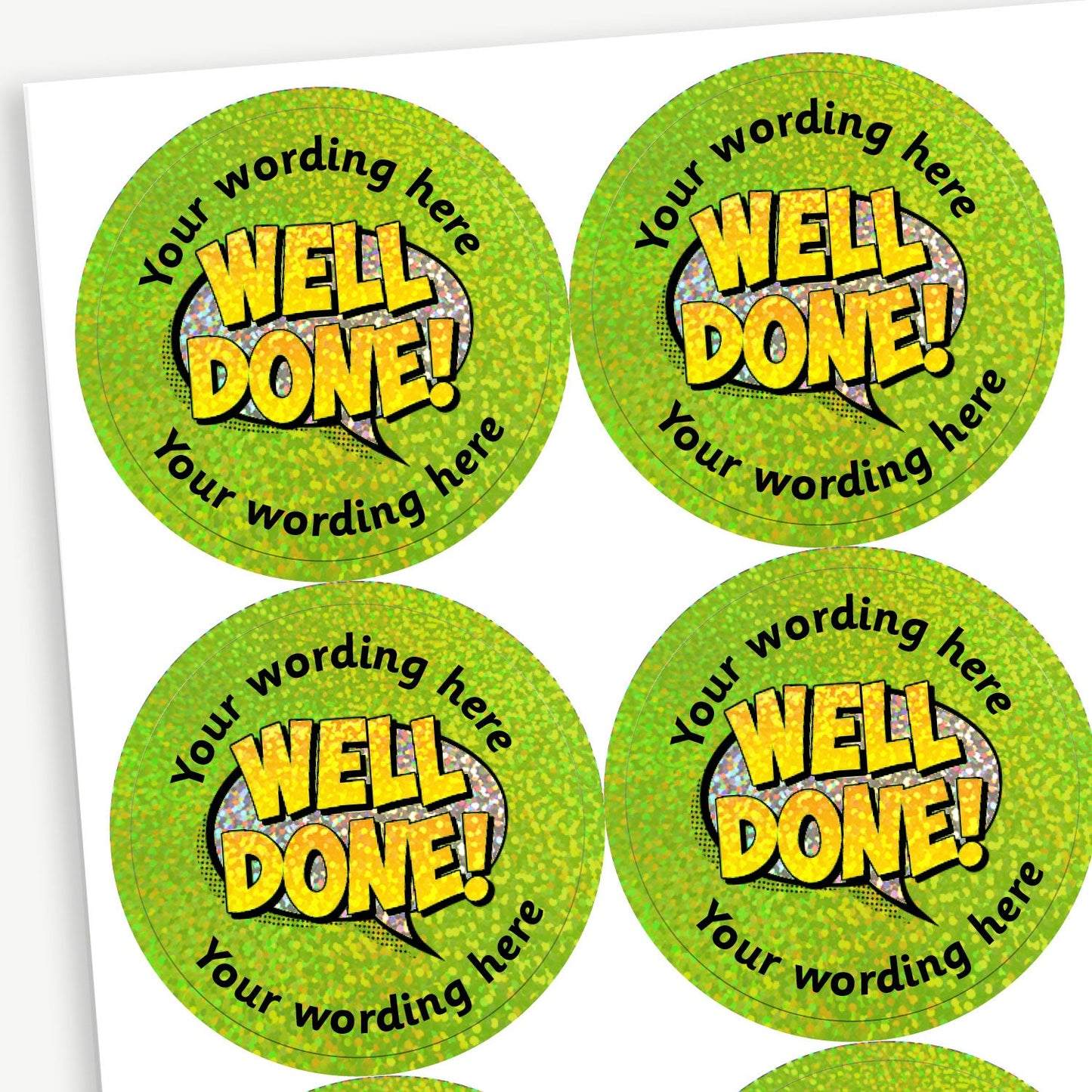 35 Personalised Holographic Well Done Speech Bubble Stickers - 37mm