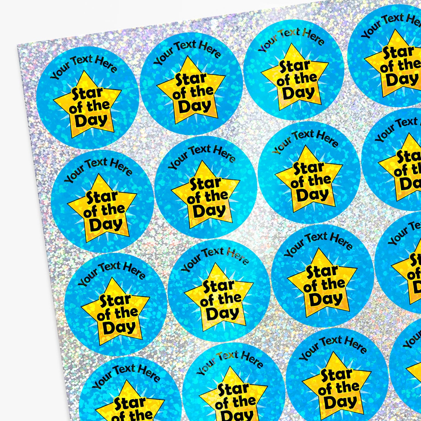 Personalised holographic stickers with 'Star of the Day' design on a blue background.
