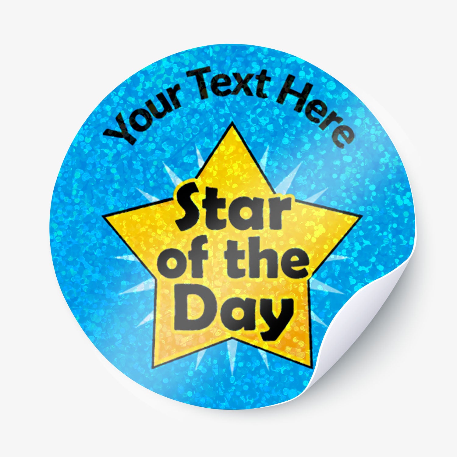 Personalised holographic round star of the day sticker with yellow star and blue background.