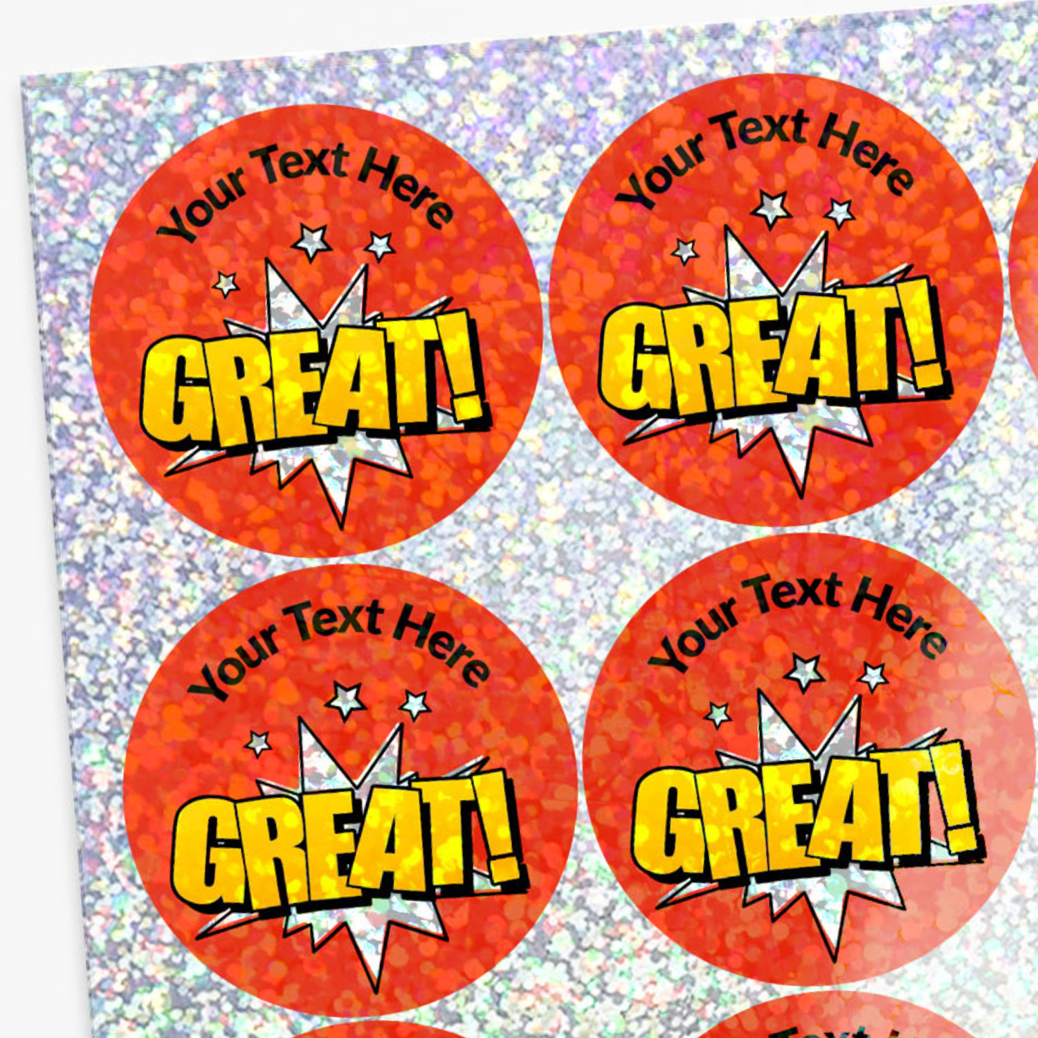 Red stickers with 'GREAT!' text on a colorful background