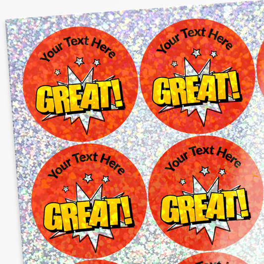 Red stickers with 'GREAT!' text on a colorful background