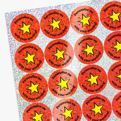 Personalised holographic red stickers with yellow stars design and custom text.